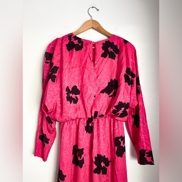 RESERVED Pink Black Floral Long sleeves Retro Knee Length Dress Formal Casual - Picture 4 of 8